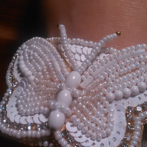 Handcrafted White Seed Bead And White Crystal Butterfly Cuff Bracelet - Picture 9 of 12